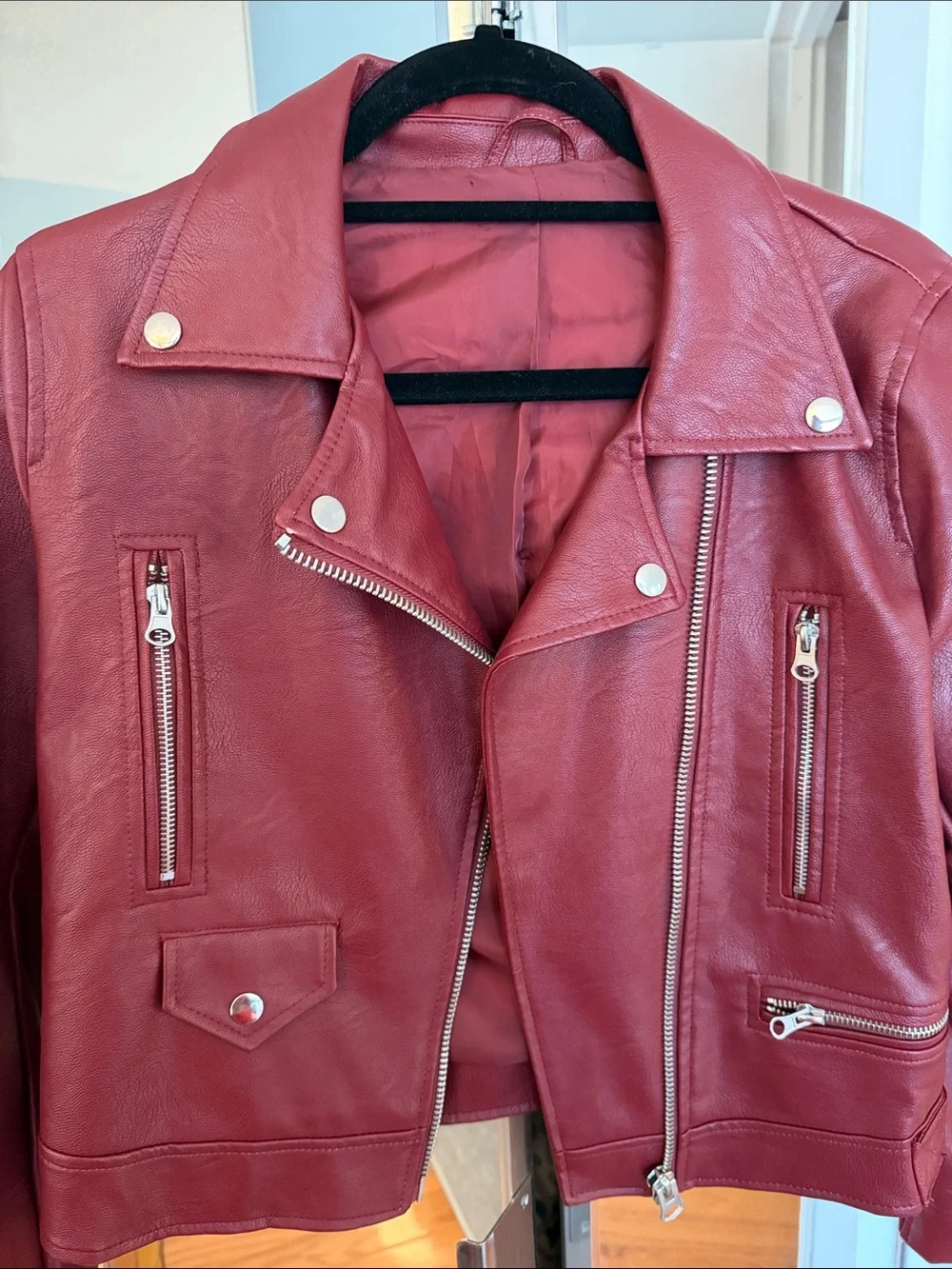 Women’s Red Faux Leather Moto Jacket